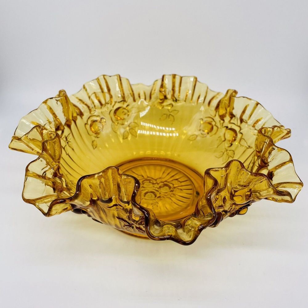 Vintage Fenton Cabbage Rose Amber Glass Candy Bowl 9” Diameter Mint Condition